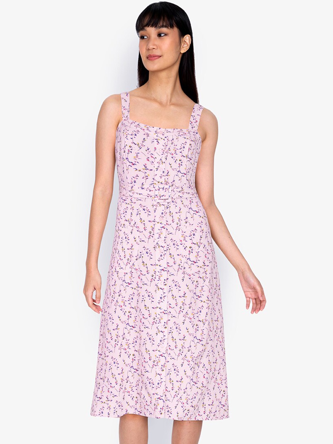 

ZALORA BASICS Pink Floral Printed Square Neck Midi Dress with Belt