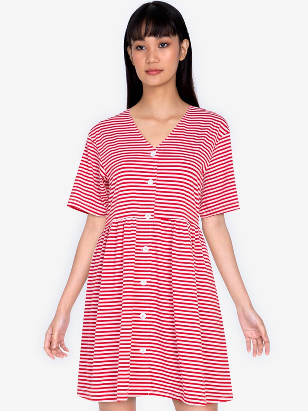

ZALORA BASICS Pink & White Striped A-Line Dress