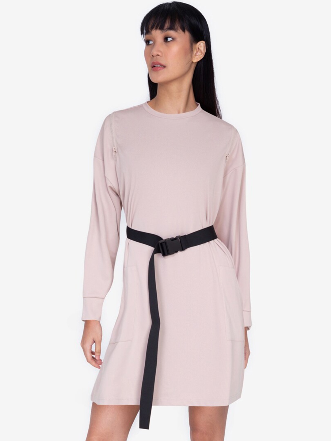 

ZALORA BASICS Beige Cold Shoulder Hoodie Dress