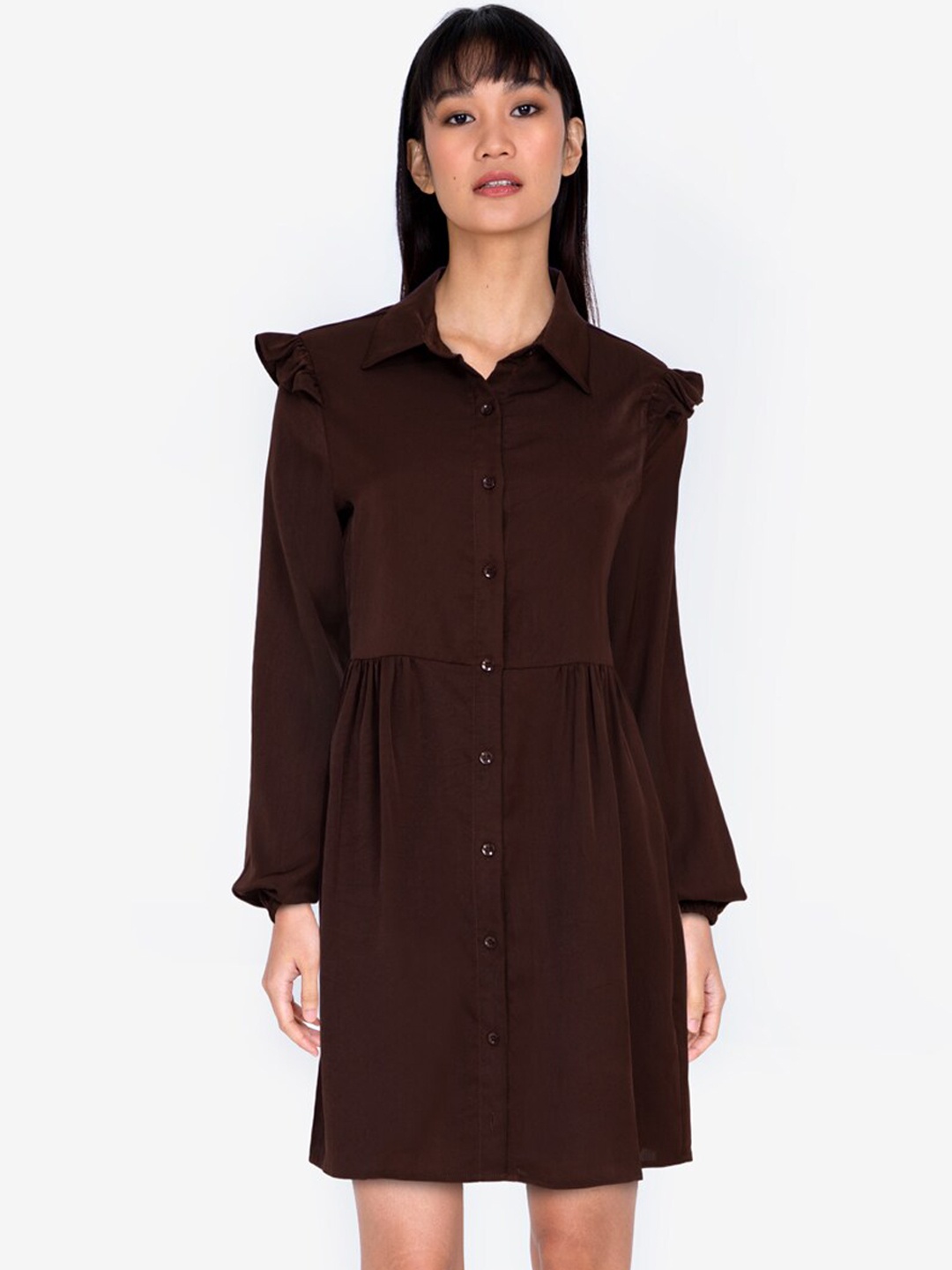 

ZALORA BASICS Coffee Brown Solid Frill Detail Shirt Dress