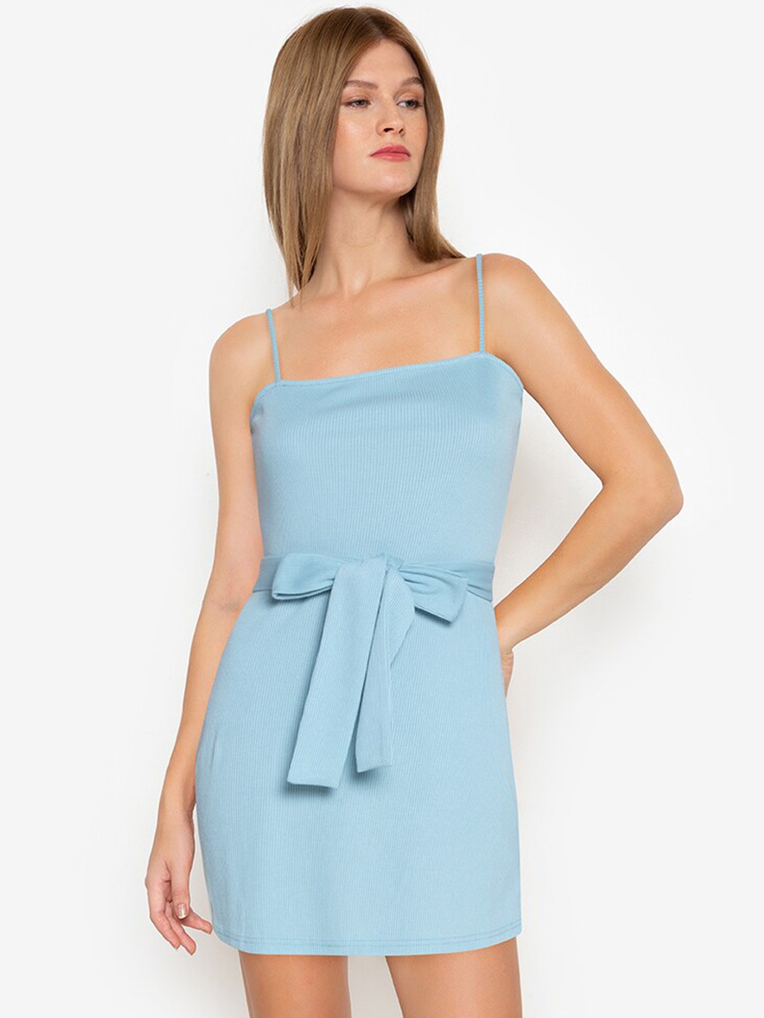 

ZALORA BASICS Blue Off-Shoulder Straight Neck Bodycon Dress