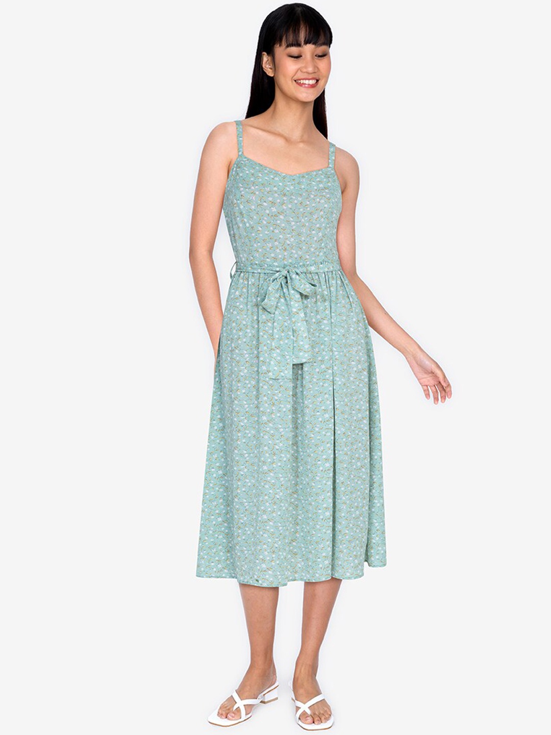 

ZALORA BASICS Green & White Floral Sweetheart Neckline A-Line Dress