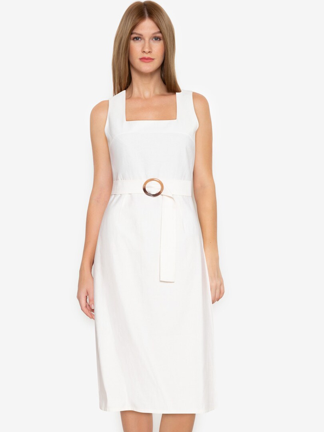 

ZALORA BASICS Women White Solid Belted Detail A-Line Midi Dress