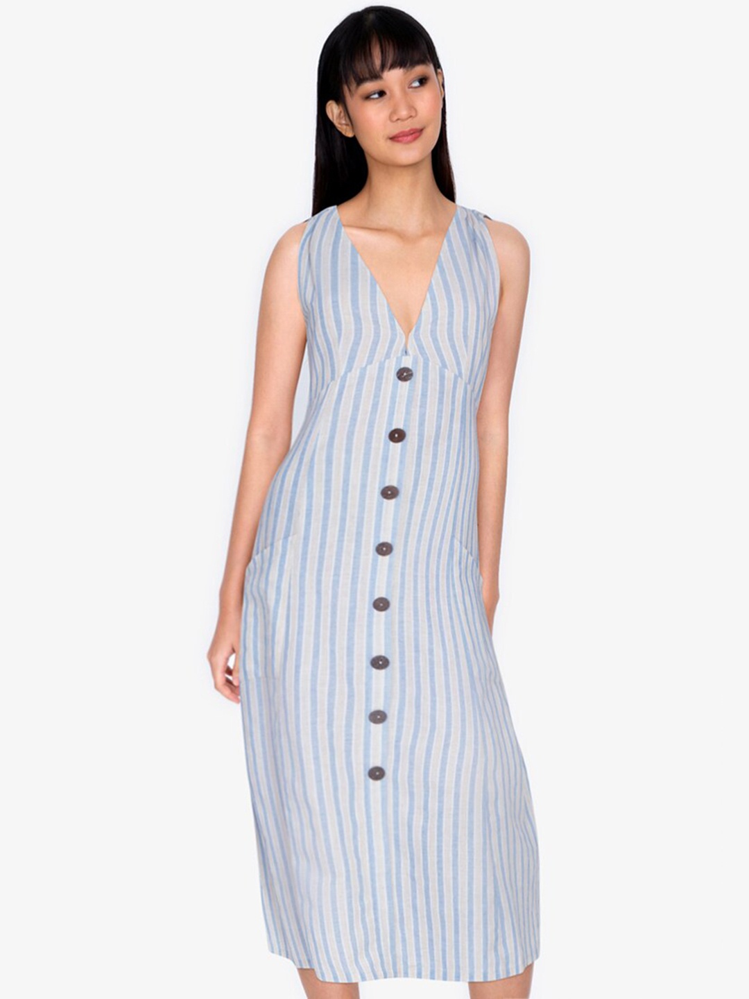 

ZALORA BASICS Grey & Blue Striped A-Line Midi Dress