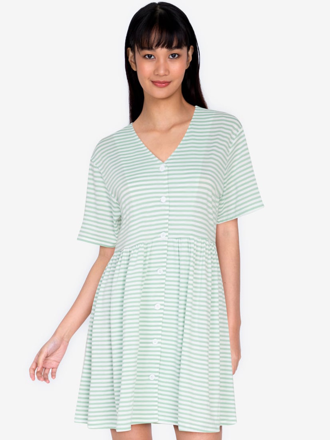 

ZALORA BASICS Green & White Striped A-Line Dress