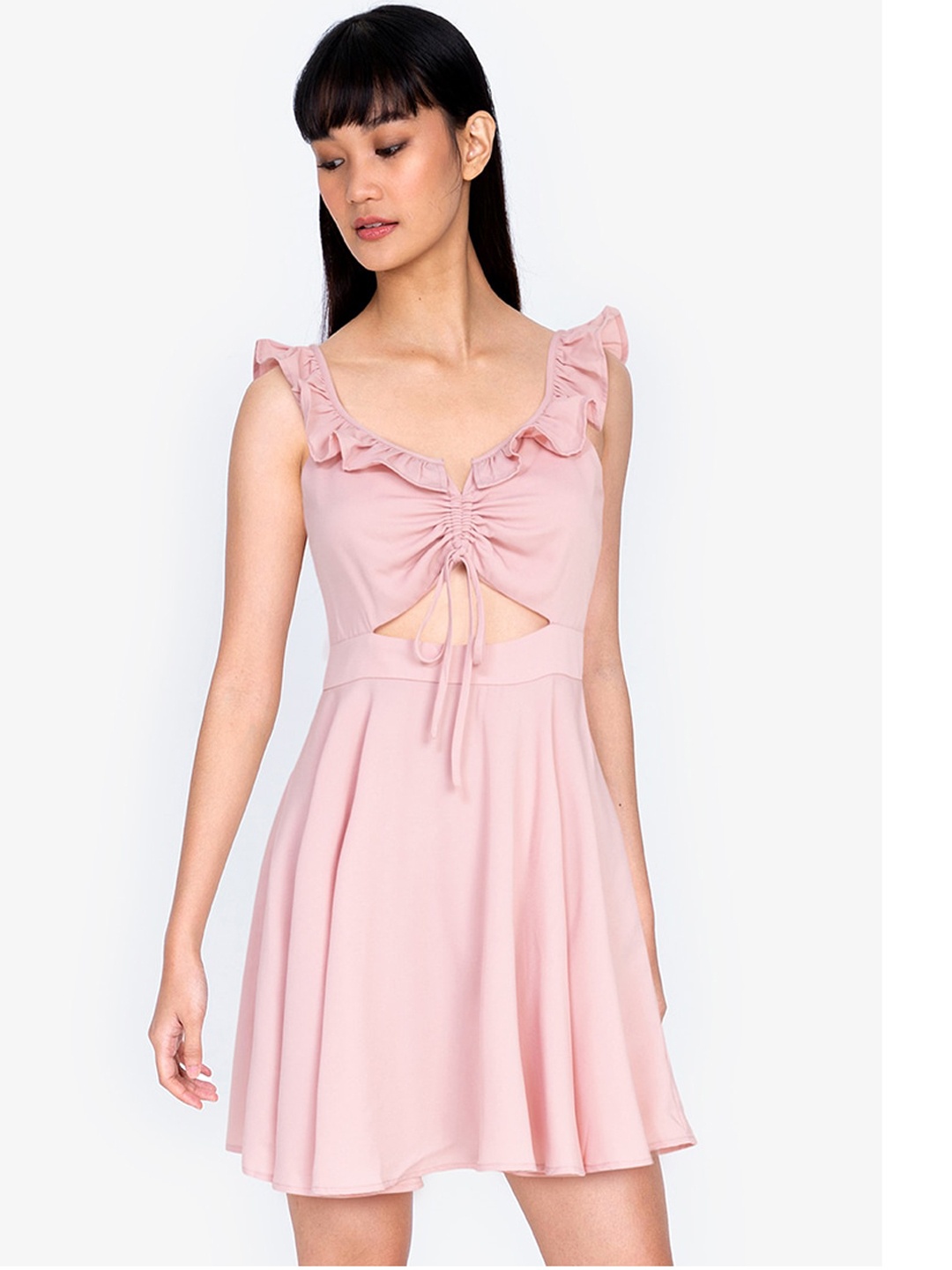 

ZALORA BASICS Floral Gather Front Ruffle Mini Dress, Pink