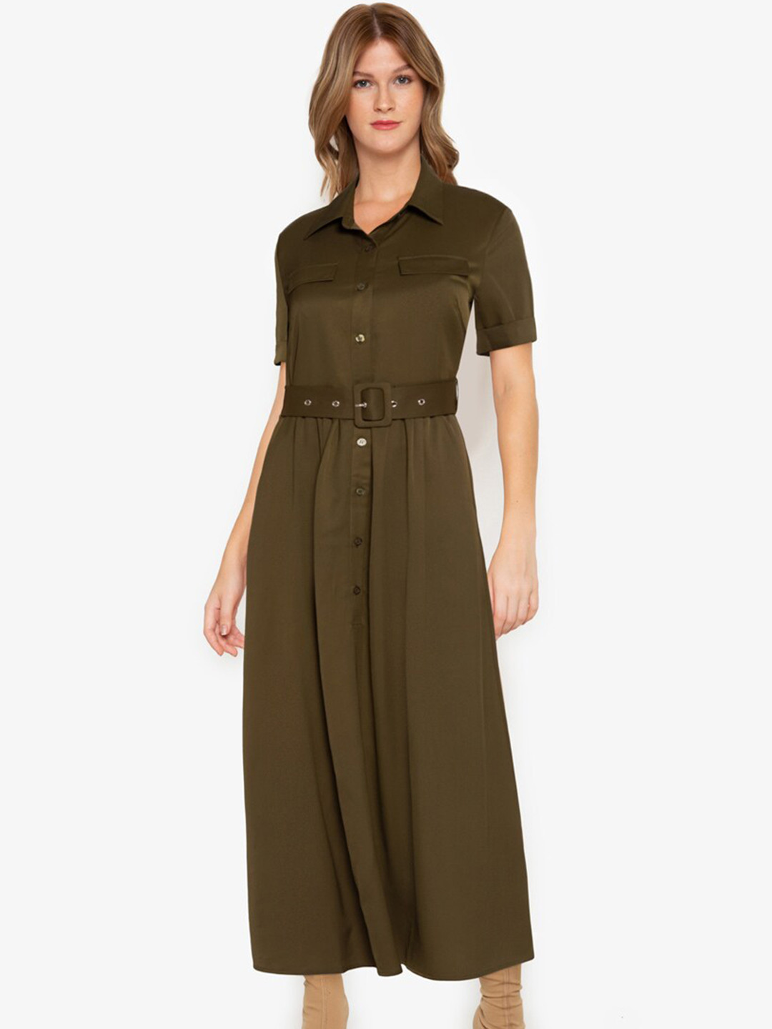 

ZALORA BASICS Dark Green Solid Maxi Shirt Dress