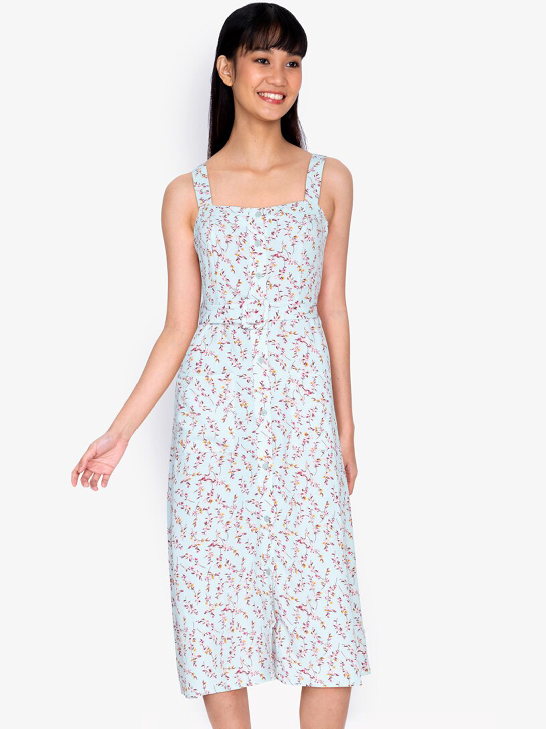 

ZALORA BASICS Women Blue Floral Printed Belted Detail A-Line Midi Dress