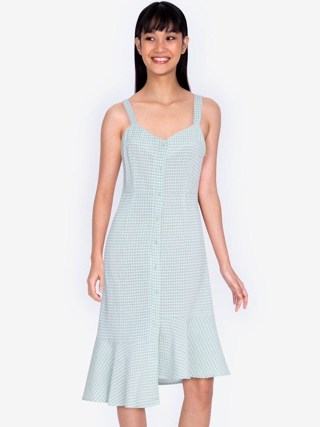 

ZALORA BASICS Blue & White Check Flutter Hem Dress