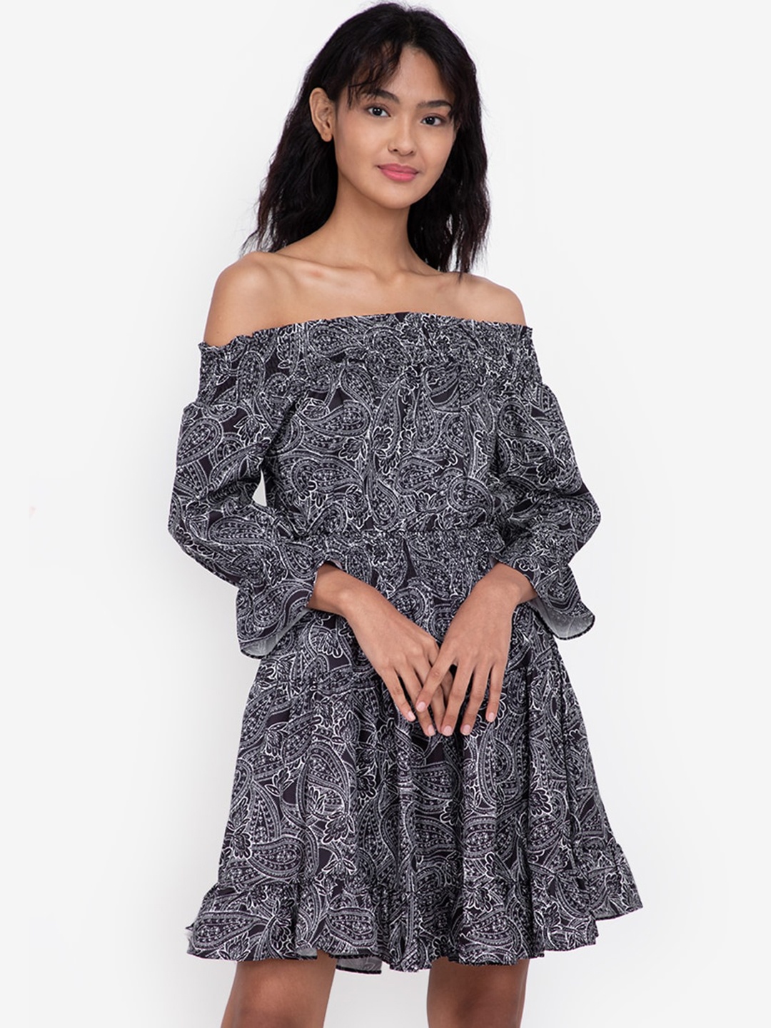

ZALORA BASICS Black & White Printed Off-Shoulder A-Line Dress