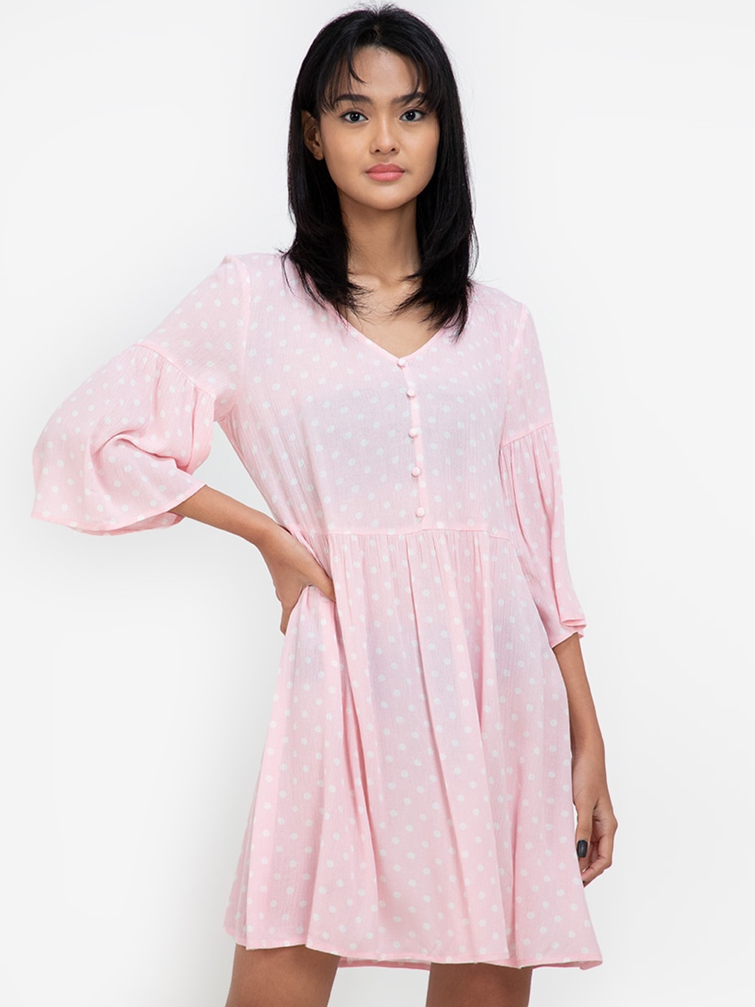 

ZALORA BASICS Pink & White Polka Dots Printed A-Line Dress