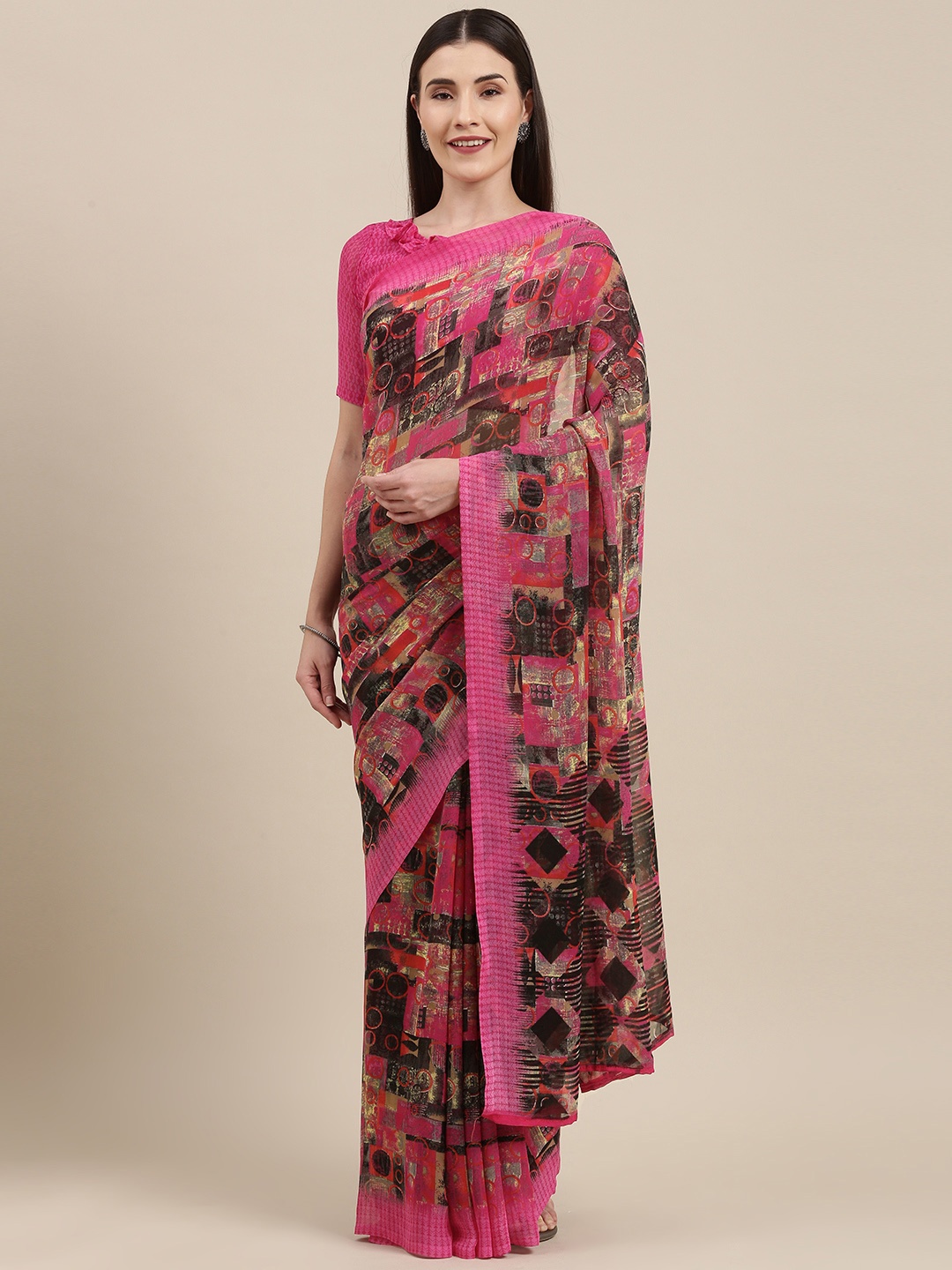

KALINI Pink & Charcoal Grey Printed Pure Georgette Saree
