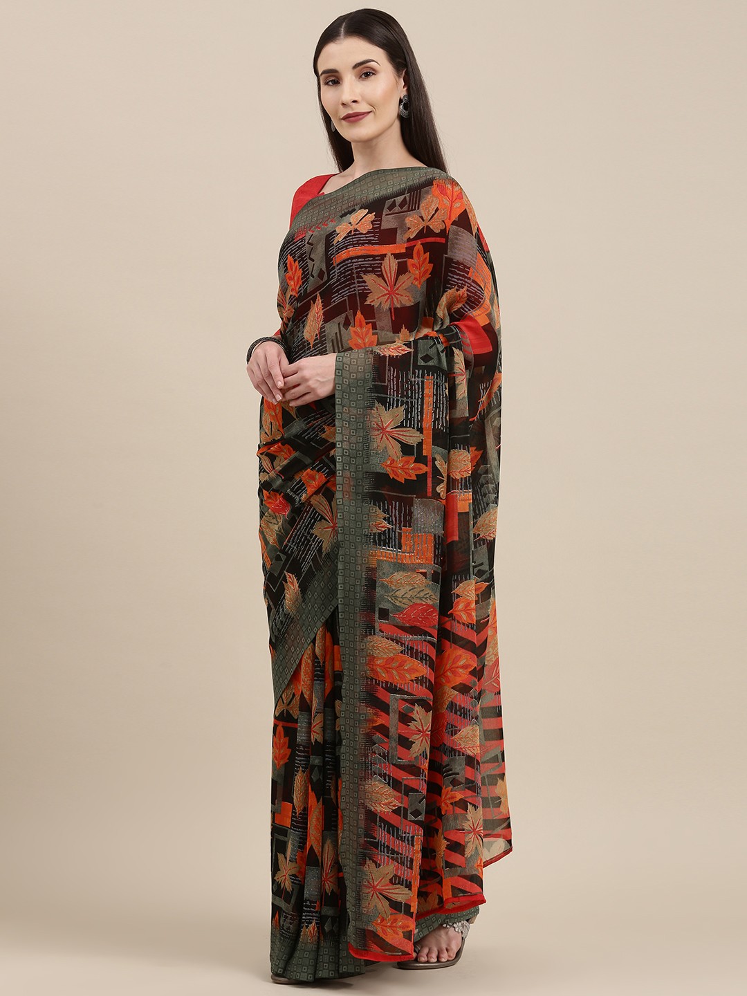 

KALINI Maroon & Black Printed Pure Georgette Saree