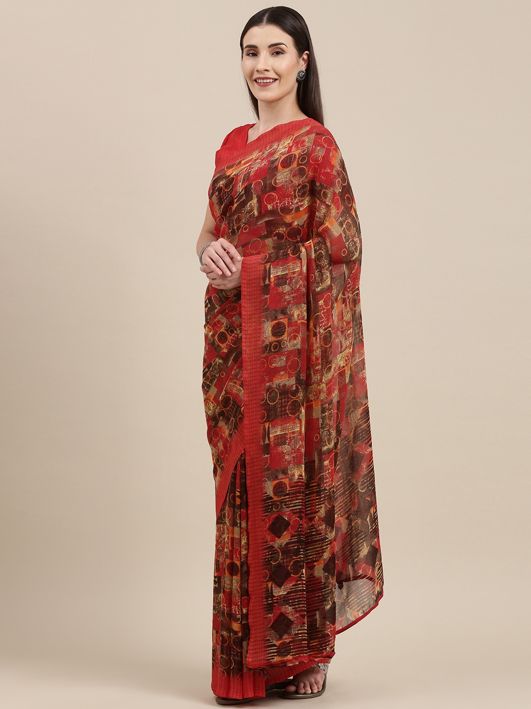 

KALINI Red & Cream-Coloured Printed Pure Georgette Saree