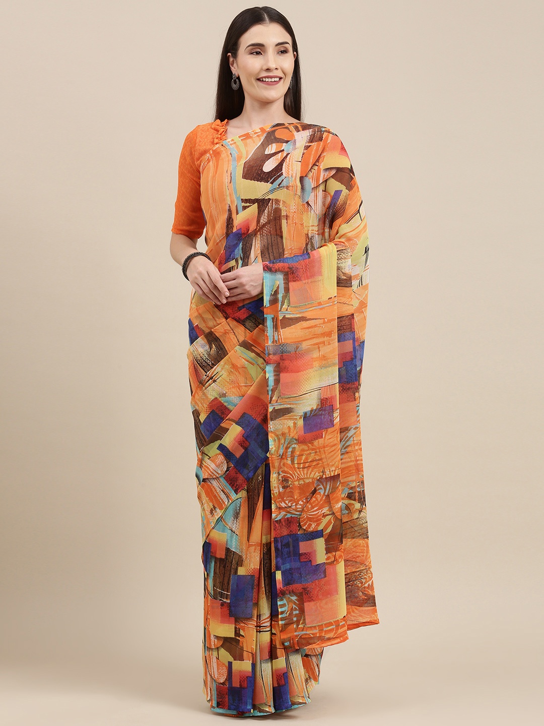 

KALINI Orange & Blue Printed Pure Georgette Saree