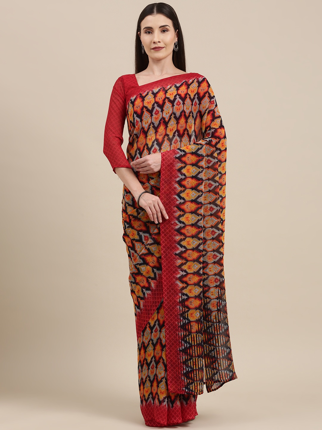 

KALINI Maroon & Yellow Printed Pure Georgette Saree