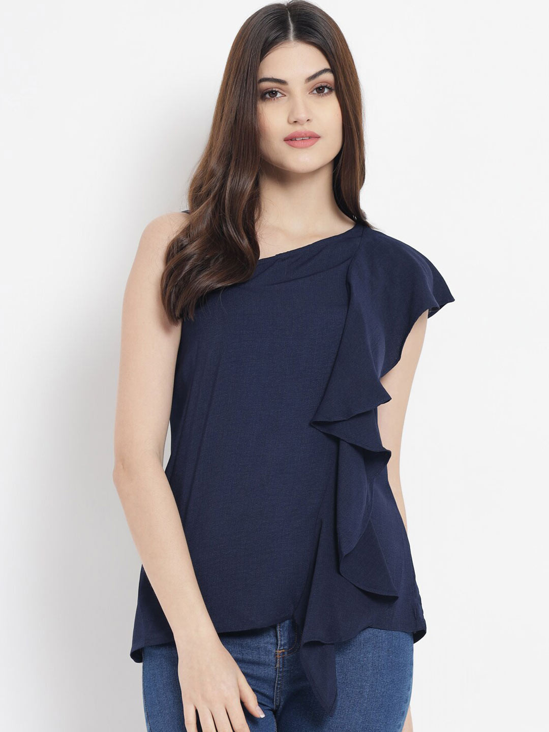 

Aujjessa Navy Blue One Shoulder Ruffles Top