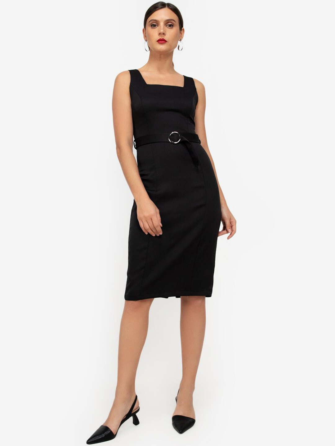 

ZALORA WORK Black Square Neck Belted Pencil Dress