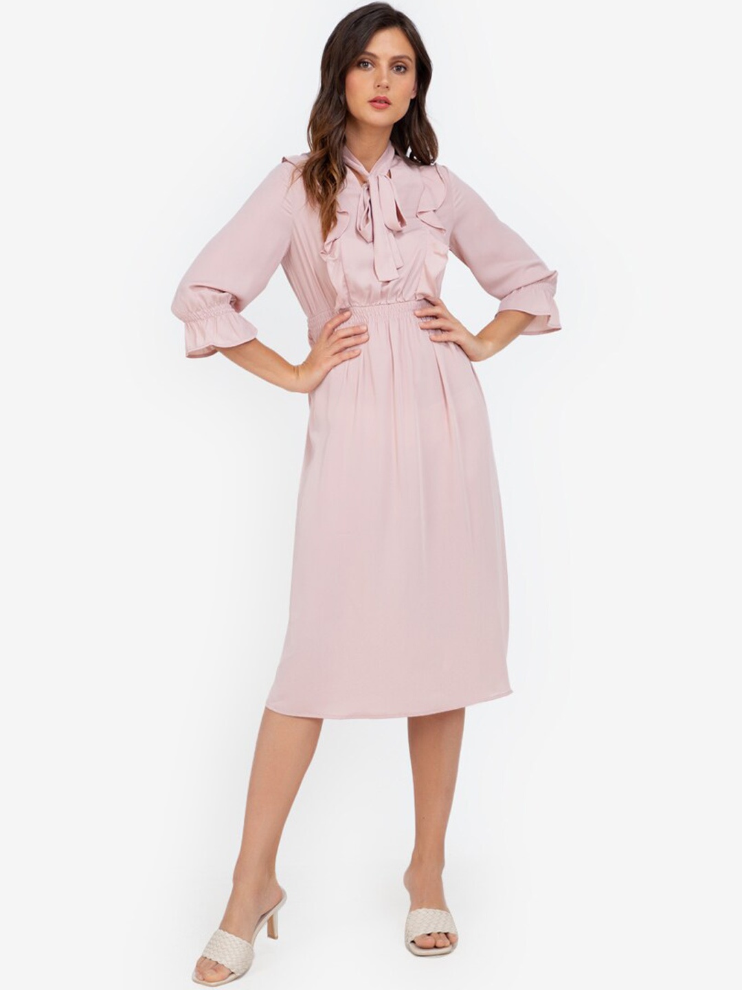 

ZALORA WORK Pink Tie-Up Neck A-Line Midi Dress