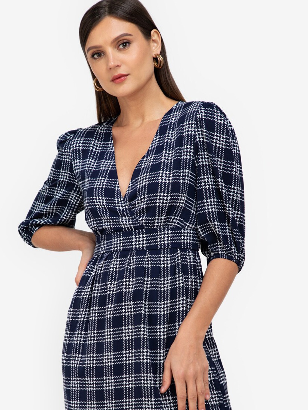 

ZALORA WORK Blue & White Puff Sleeves Checked Wrap Dress