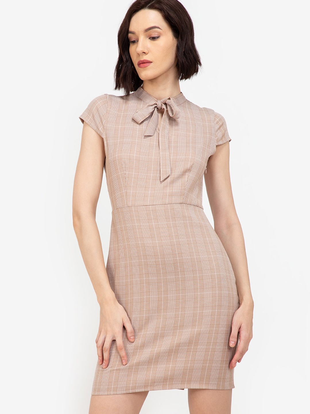 

ZALORA WORK Beige Checked Tie-Up Neck A-Line Dress