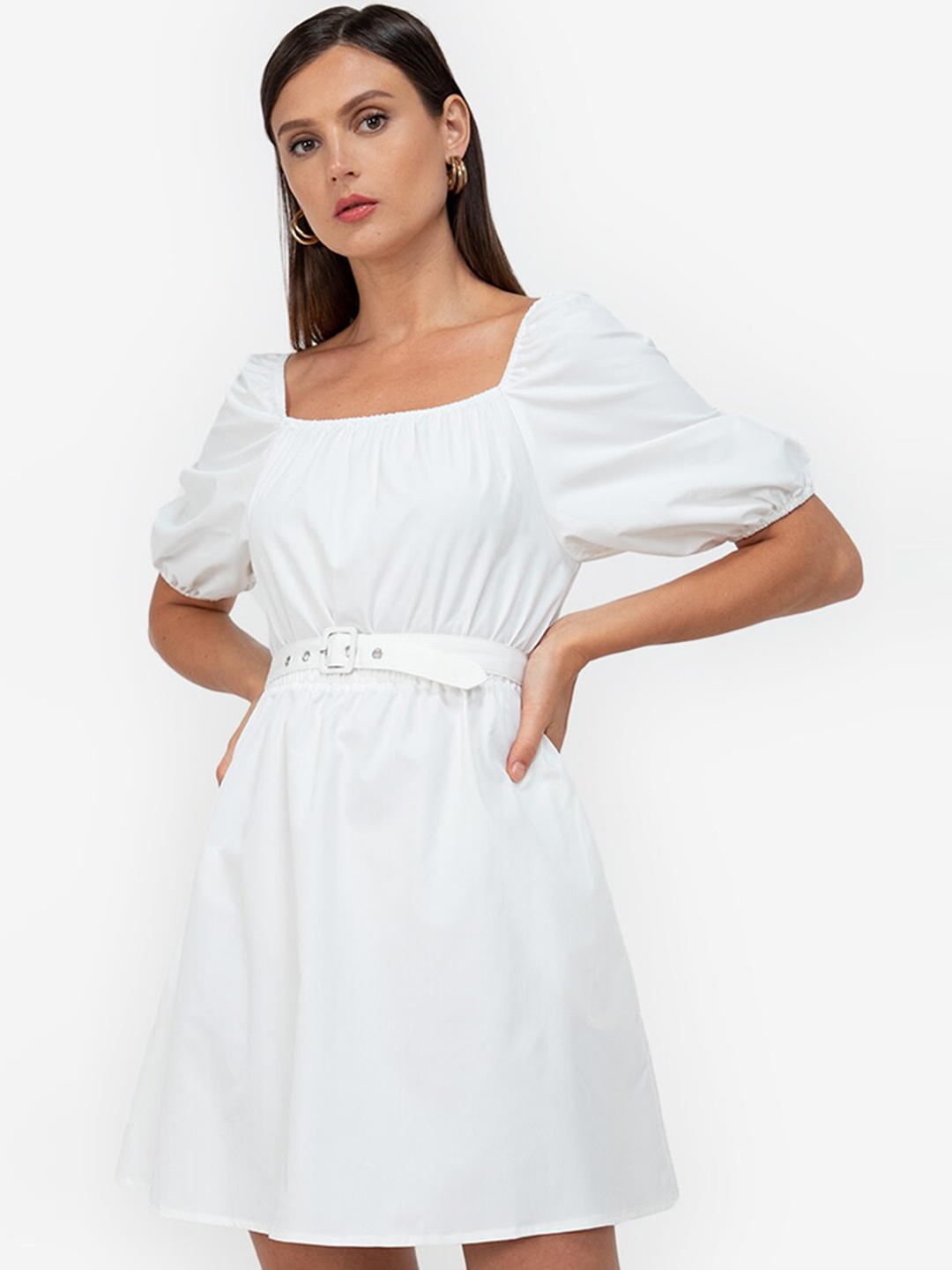

ZALORA WORK White A-Line Puff Sleeve Mini Dress