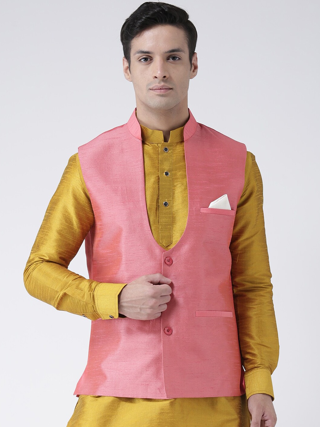 

DEYANN Men Pink Solid Woven Nehru Jacket