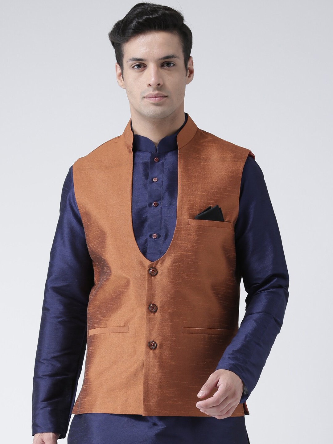 

DEYANN Men Copper-Coloured Solid Woven Nehru Jacket