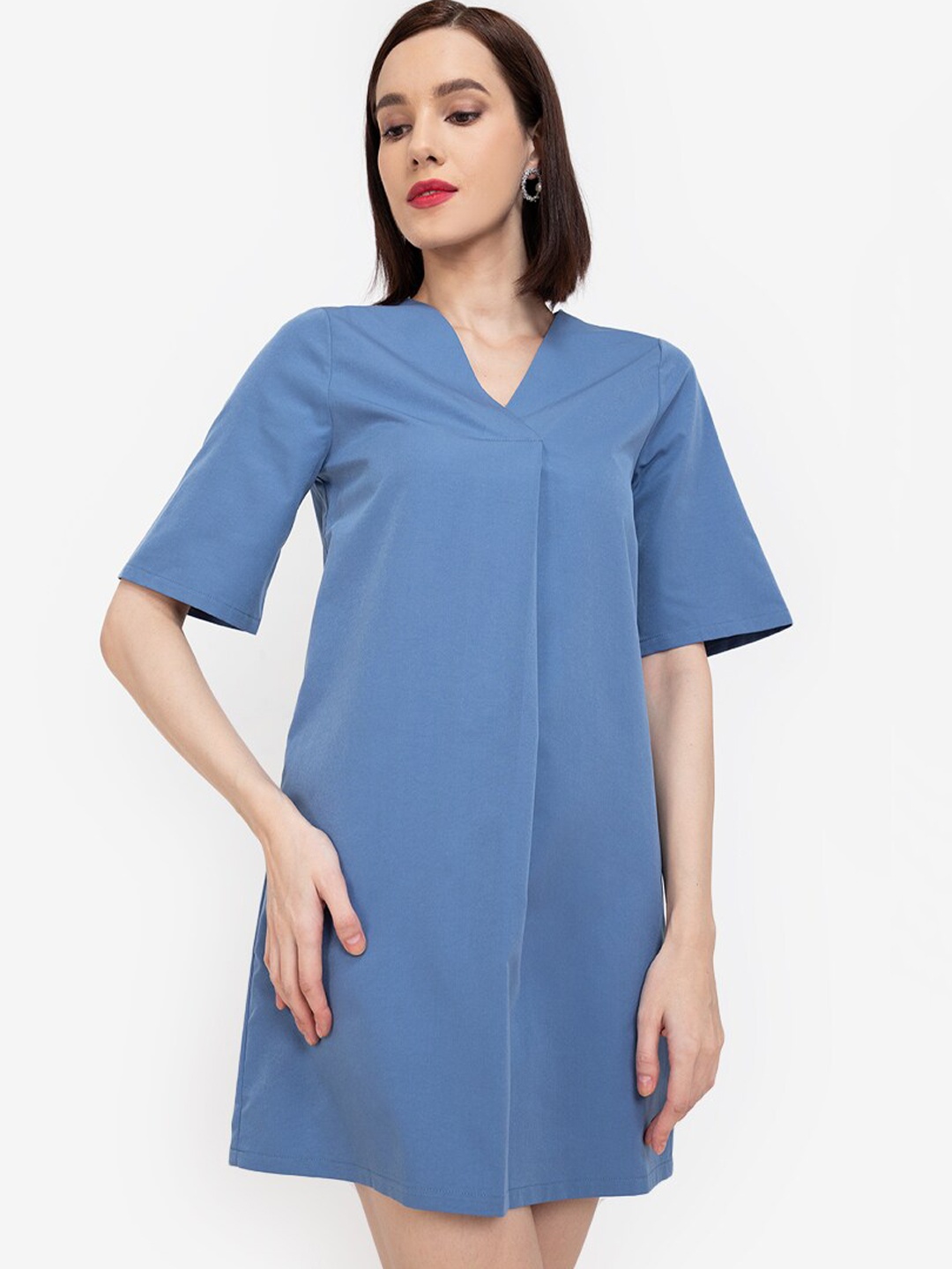 

ZALORA WORK Blue V-Neck Front Pleat Tunic Dress