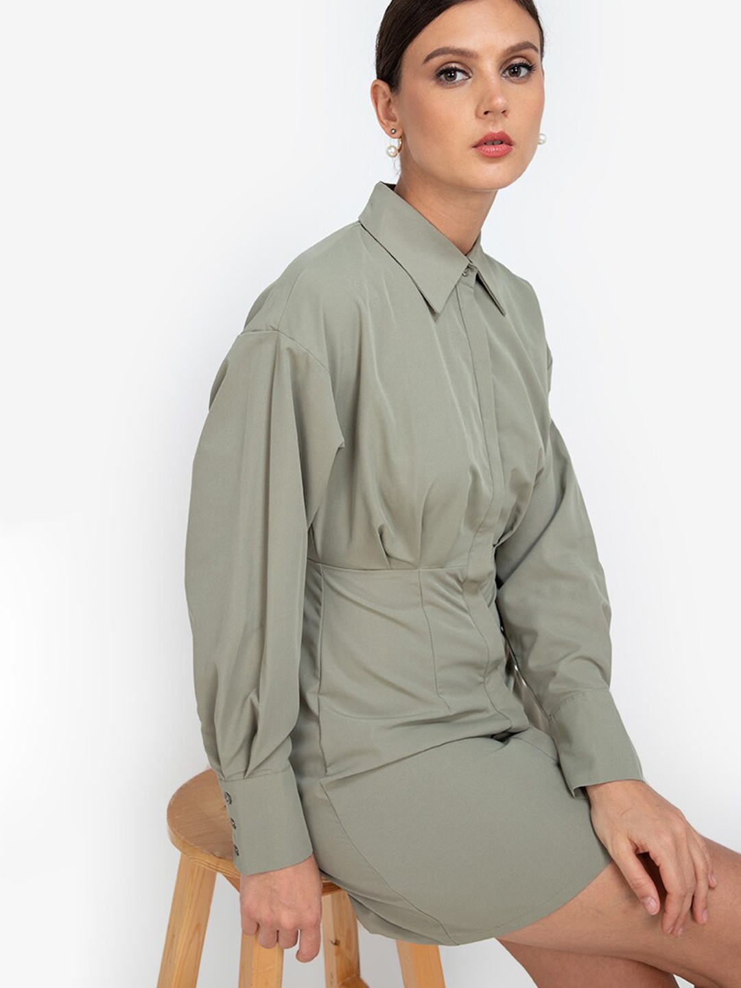 

ZALORA WORK Green Gathered Waist Mini Shirt Dress