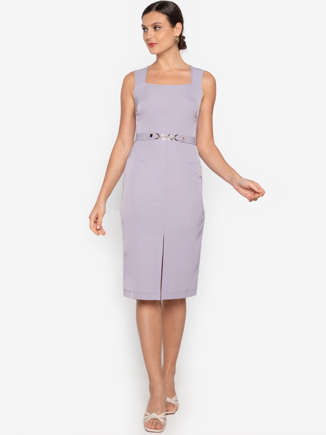 

ZALORA WORK Lavender Square Neck Dress With Buckle Detail