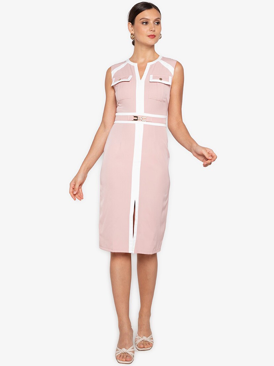 

ZALORA WORK Pink & White Contrast Trim Sheath Dress With Buckle