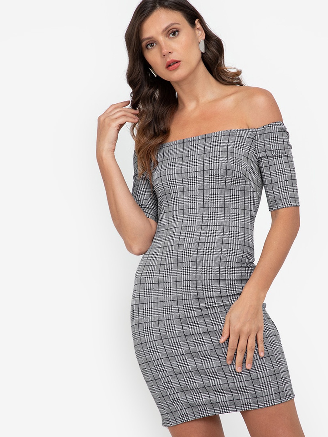 

ZALORA WORK Grey & Black Checked Off-Shoulder Bodycon Dress