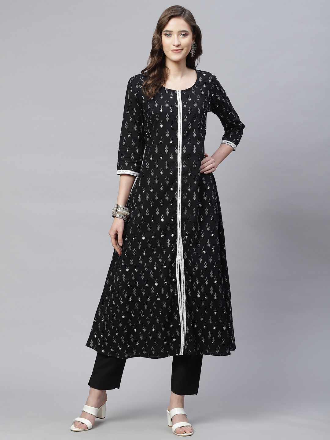 mokshi Women Black Floral A-Line Cotton Kurta