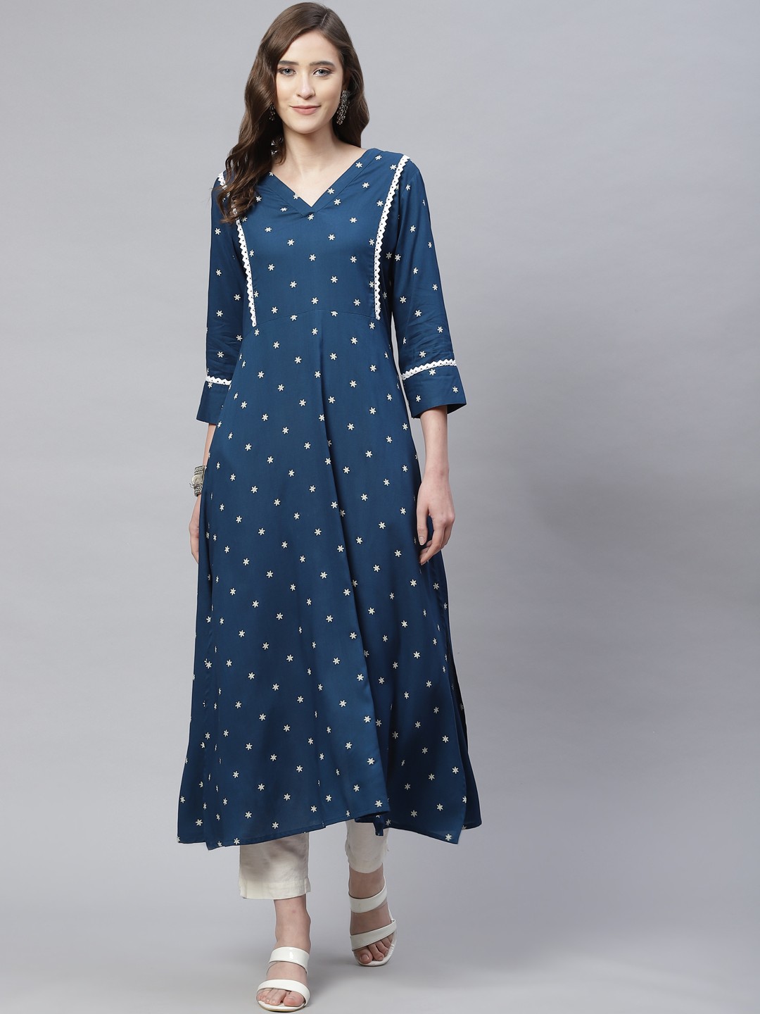 

mokshi Women Blue Printed Rayon A-Line Kurta