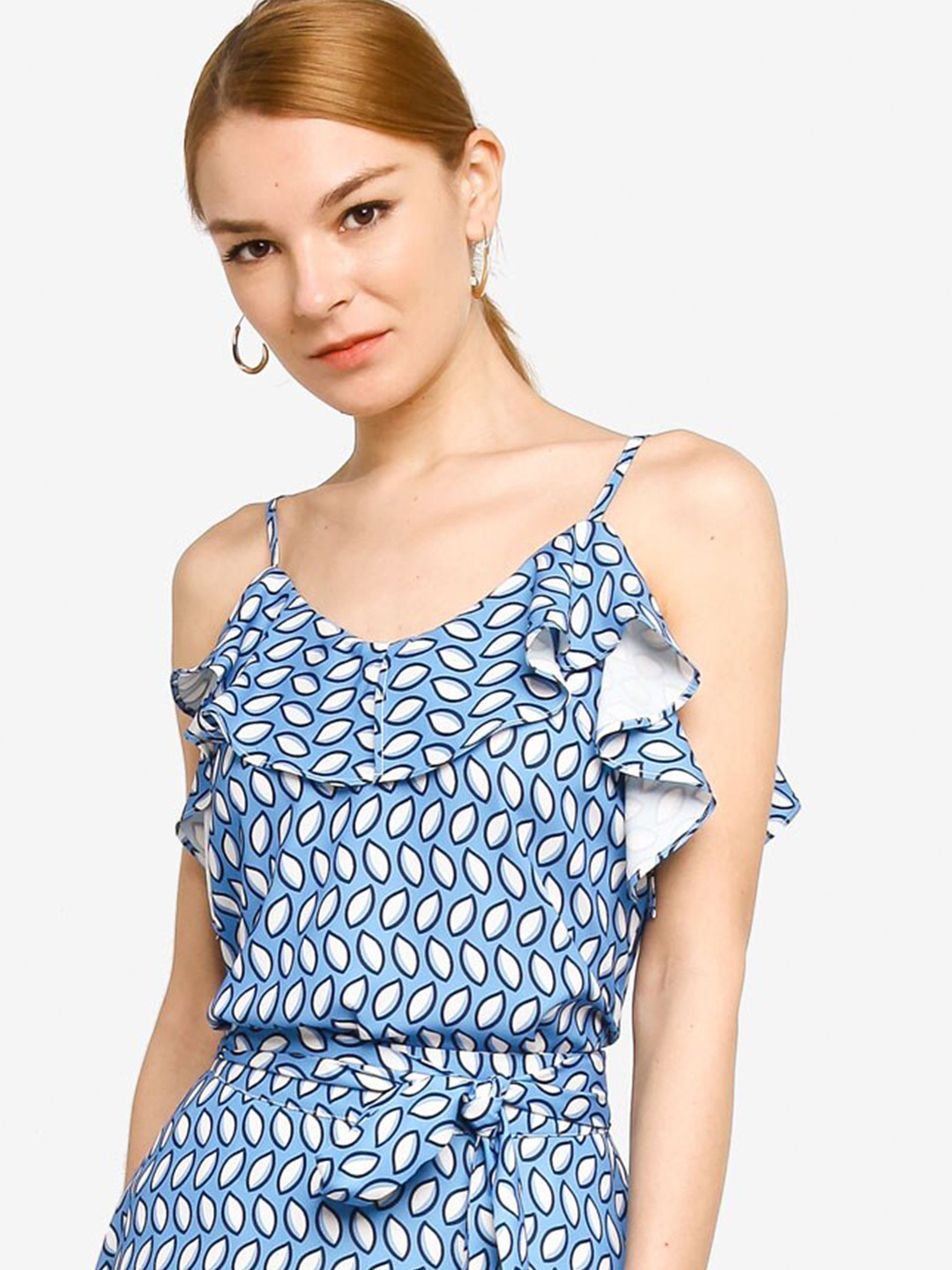 

ORIGIN BY ZALORA Women Blue Geometric Printed Ruffle Top
