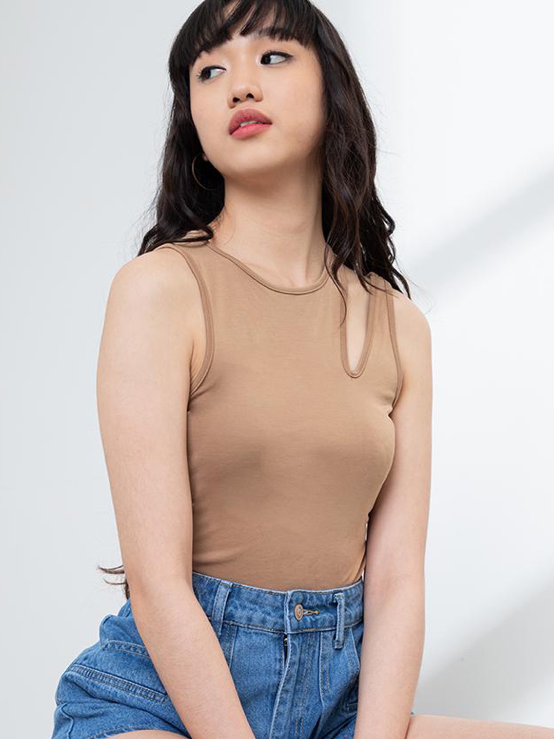 

ORIGIN BY ZALORA Women Beige Solid Cut Out Bodysuit Top