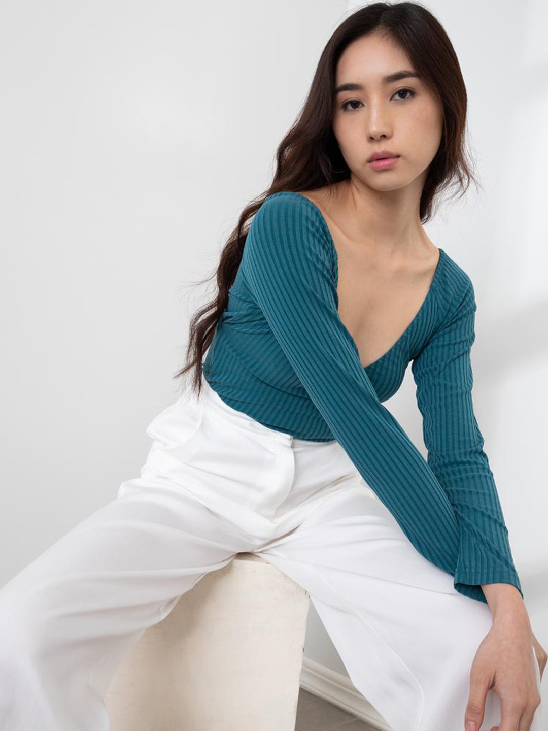 

ORIGIN BY ZALORA Green Striped Wrap Top