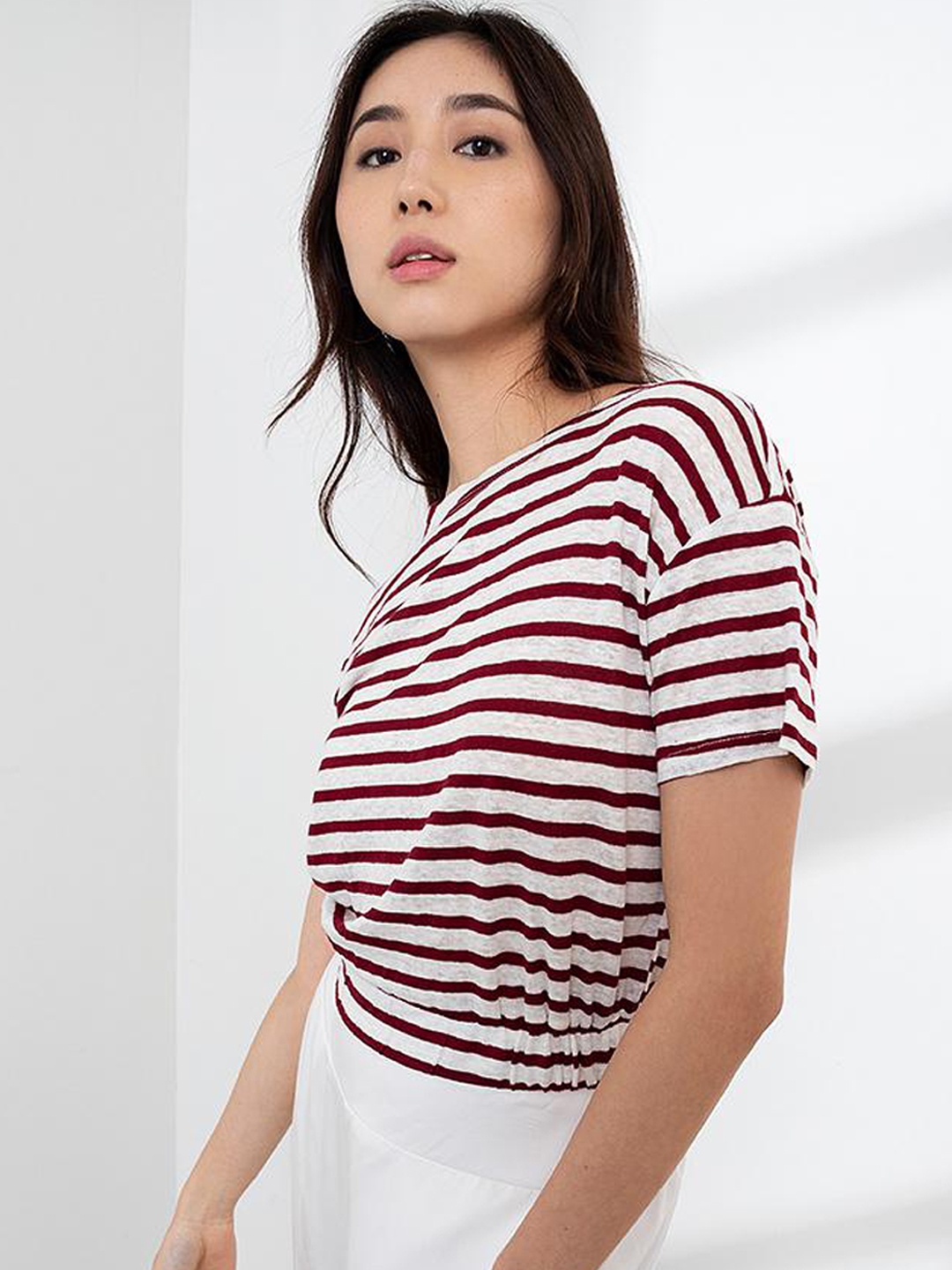 

ORIGIN BY ZALORA White & Black Striped Cotton Linen Cropped Top