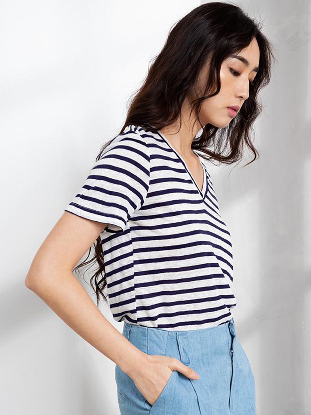 

ORIGIN BY ZALORA Women Grey Melange & Navy Blue Striped Linen Cotton Top