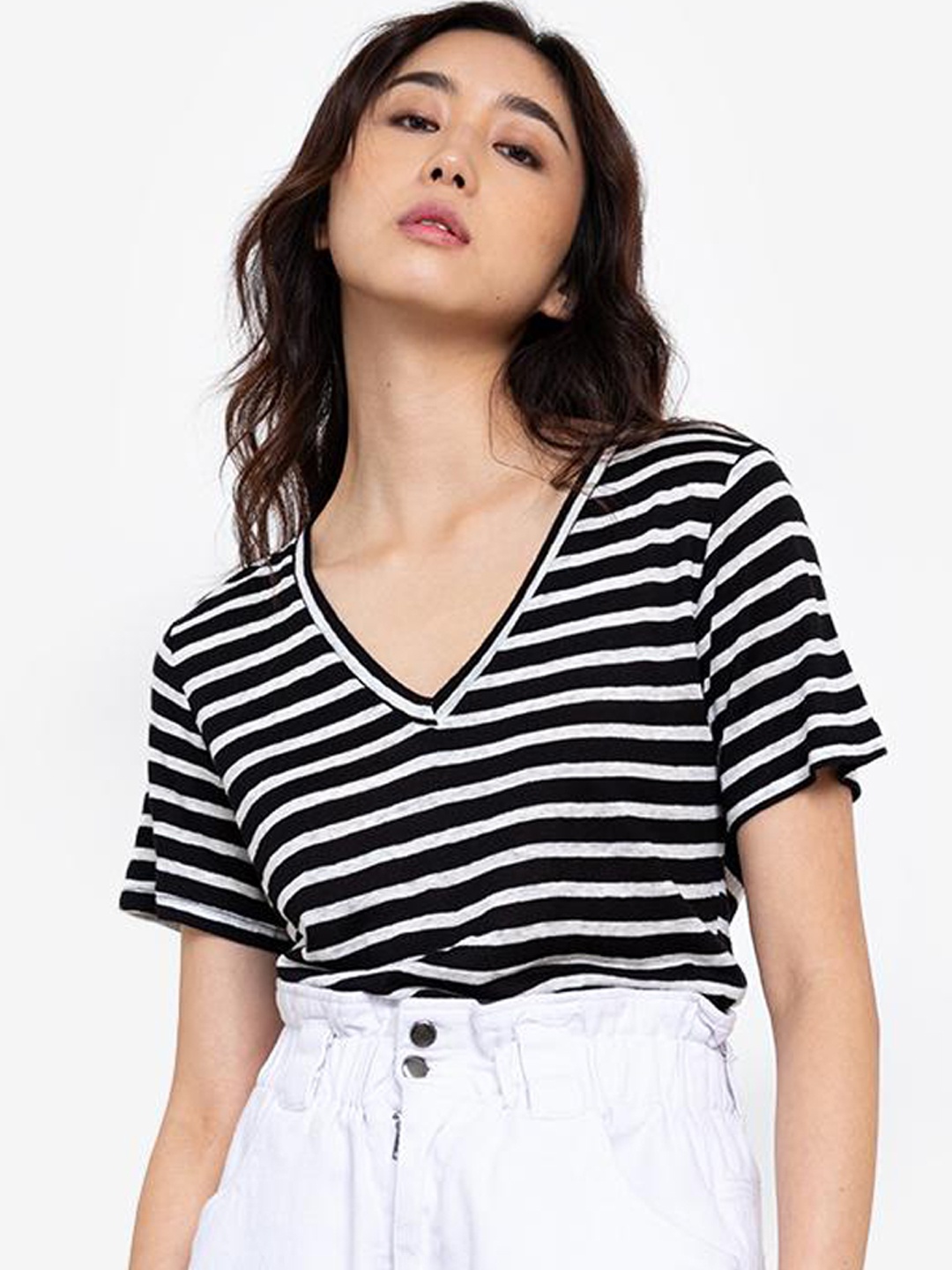 

ORIGIN BY ZALORA White & Blue Striped V Neck Linen Top