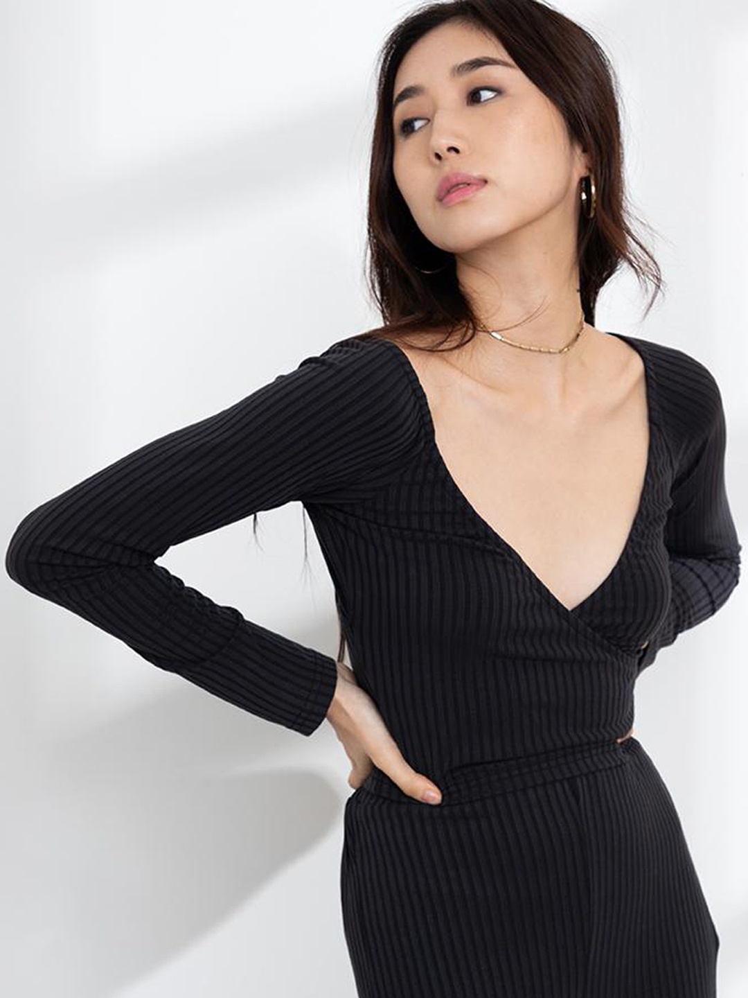 

ORIGIN BY ZALORA Black Rib Deep V Wrap Top