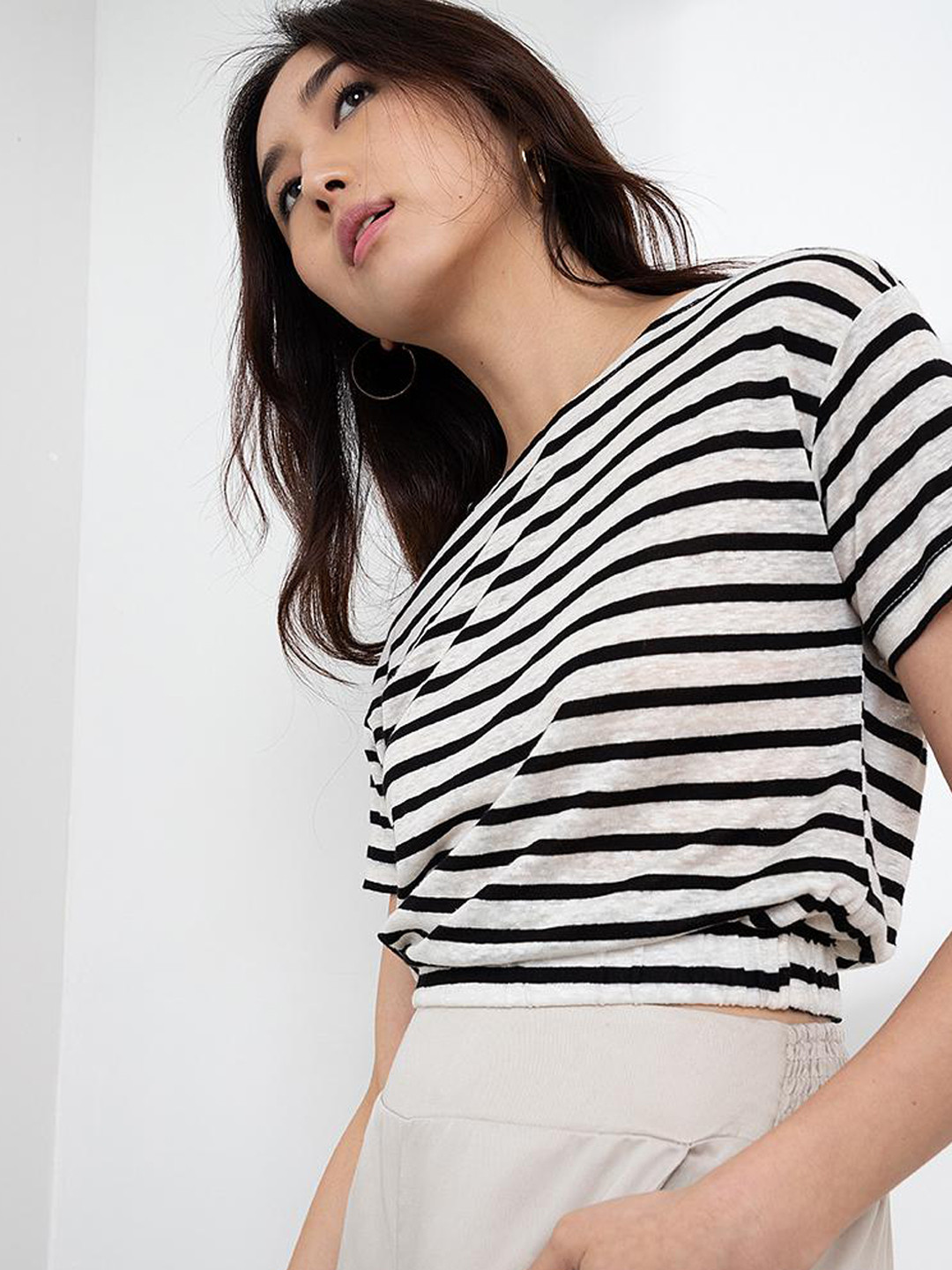 

ORIGIN BY ZALORA Women Lavender Striped Cropped Linen Cotton T-shirt