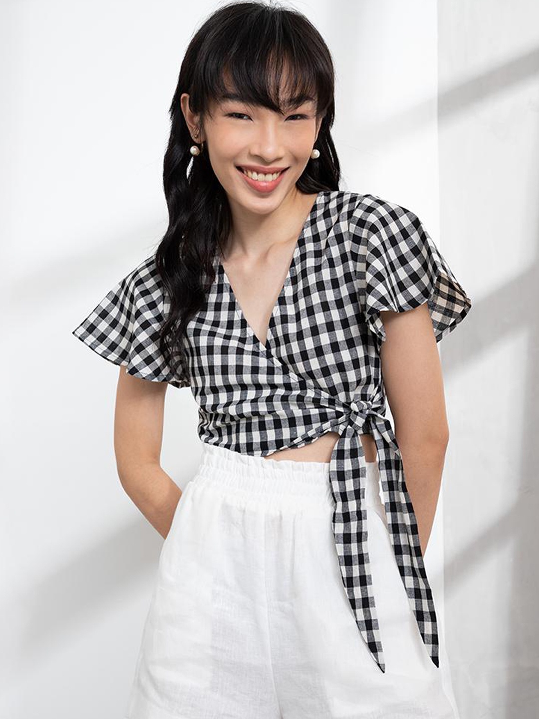 

ORIGIN BY ZALORA Black & White Checked Linen Flutter Sleeve Wrap Top