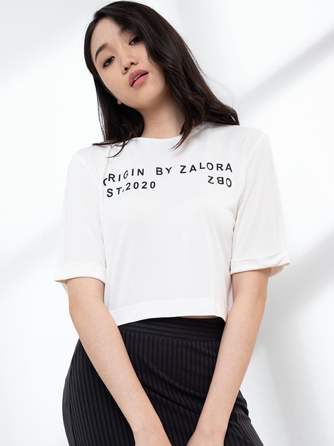 

ORIGIN BY ZALORA White & Black Crop Brand Logo Print Top
