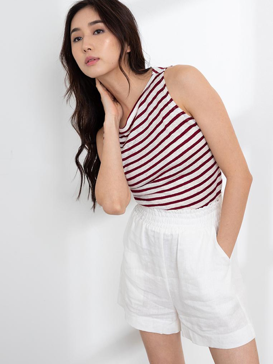 

ORIGIN BY ZALORA Brown & Off White Striped Cotton Linen Top