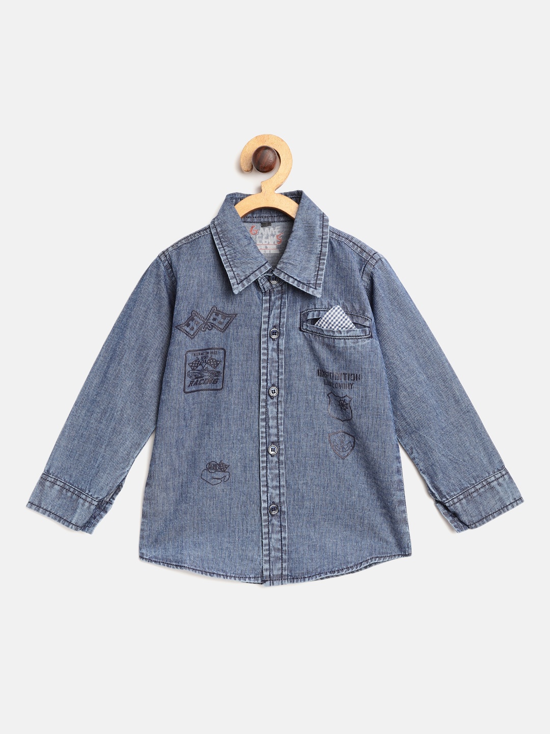 

GAME BEGINS Boys Blue & White Striped Denim Cotton Casual Shirt with Pocket Square