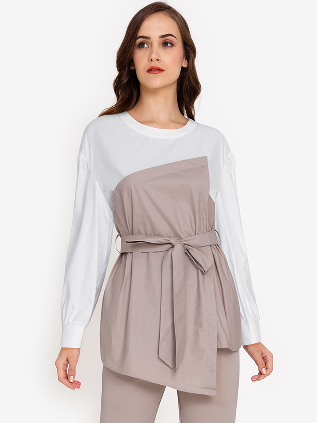 

ZALORA WORK White & Taupe Colourblocked Pure Cotton Longline Top