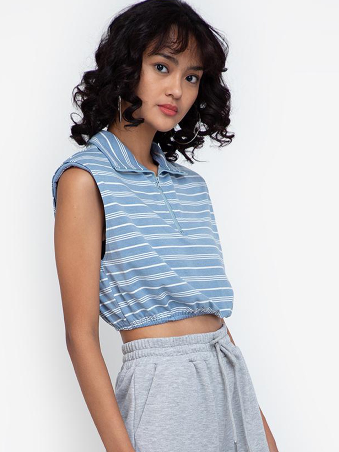 

ZALORA BASICS Grey & White Striped Cinched Waist Top