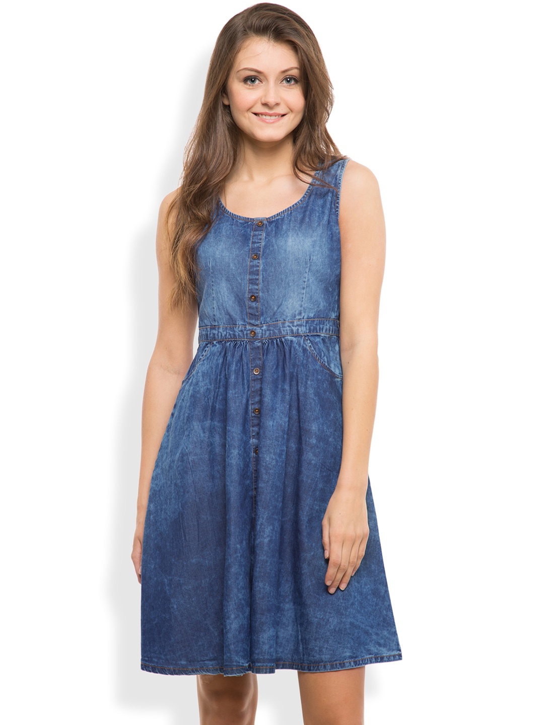

Tokyo Talkies Women Blue Solid Denim A-Line Dress